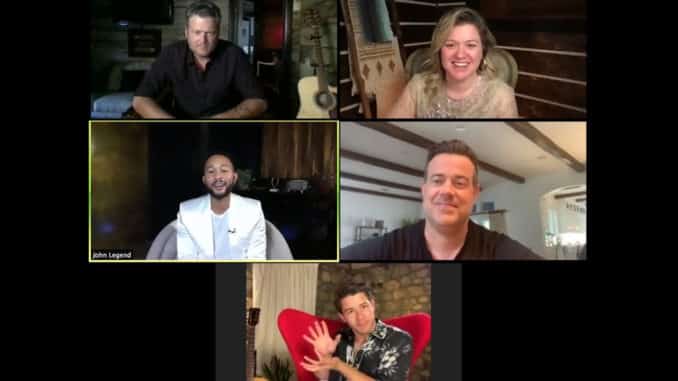 THE VOICE -- "Finale Performances Press Junket" -- Pictured in this screen grab: (top row l-r) Blake Shelton, Kelly Clarkson; (center row l-r) John Legend, Carson Daly; (bottom) Nick Jonas -- (Photo by: NBC)