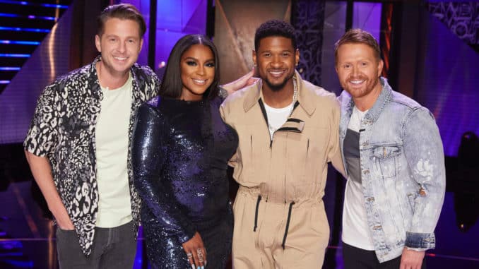 SONGLAND -- "Usher” Episode 210 -- Pictured: (l-r) Ryan Tedder, Ester Dean, Usher, Shane McAnally -- (Photo by: Trae Patton/NBC)