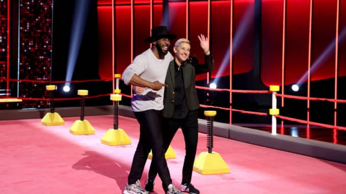 ELLEN'S GAME OF GAMES -- "Ain't No Mt. Saint Ellen High Enough" Episode 313 -- Pictured: (l-r) Stephen "tWitch" Boss, Ellen DeGeneres -- (Photo by: Mike Rozman/Warner Brothers/NBC)