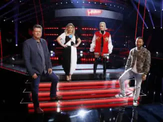 THE VOICE -- "Knockout Rounds" Episode 1909 -- Pictured: (l-r) Blake Shelton, Kelly Clarkson, Gwen Stefani, John Legend -- (Photo by: Trae Patton/NBC)