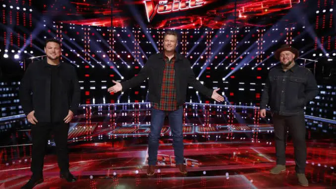 THE VOICE -- "Live Top 9 Results" Episode 1913B -- Pictured: (l-r) Ian Flannigan, Blake Shelton, Jim Ranger -- (Photo by: Trae Patton/NBC)