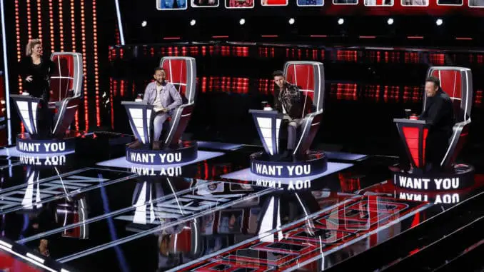 THE VOICE -- "Blind Auditions" Episode 2001 -- Pictured: (l-r) Kelly Clarkson, John Legend, Nick Jonas, Blake Shelton -- (Photo by: Trae Patton/NBC)