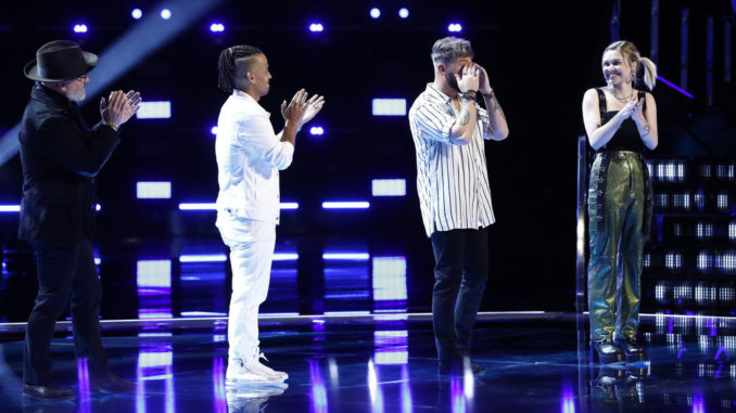 THE VOICE -- "Live Top 17 Results" Episode 2012B -- Pictured: (l-r) Pete Mroz, Jose Figueroa Jr, Corey Ward, Ryleigh Modig -- (Photo by: Trae Patton/NBC)