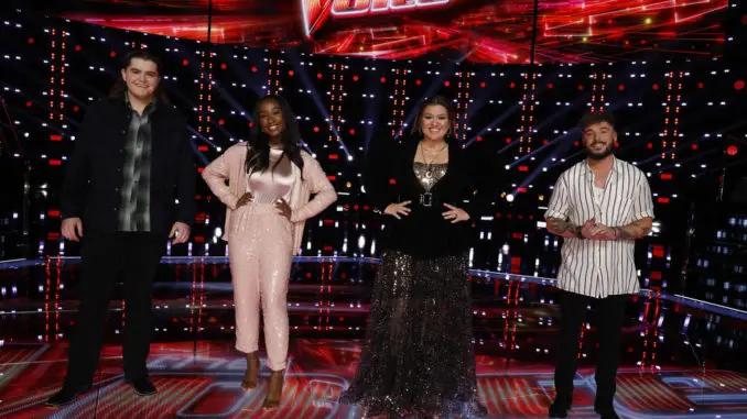 THE VOICE -- "Live Top 17 Results" Episode 2012B -- Pictured: (l-r) Kenzie Wheeler, Gihanna Zoe, Kelly Clarkson, Corey Ward -- (Photo by: Trae Patton/NBC)