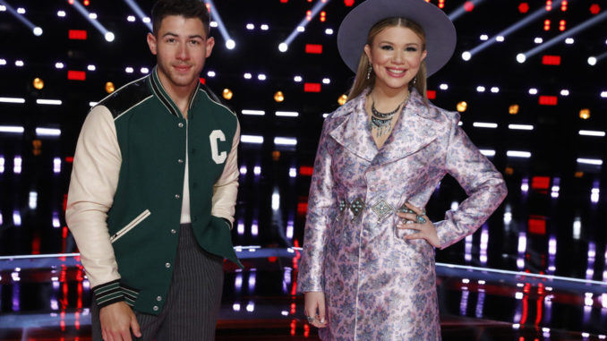 THE VOICE -- "Live Top 9 Results" Episode 2013B -- Pictured: (l-r) Nick Jonas, Rachel Mac -- (Photo by: Trae Patton/NBC)