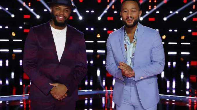 THE VOICE -- "Live Top 9 Results" Episode 2013B -- Pictured: (l-r) Victor Solomon, John Legend -- (Photo by: Trae Patton/NBC)