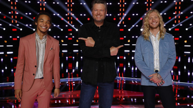 THE VOICE -- "Live Top 9 Results" Episode 2013B -- Pictured: (l-r) Cam Anthony, Blake Shelton, Jordan Matthew Young -- (Photo by: Trae Patton/NBC)