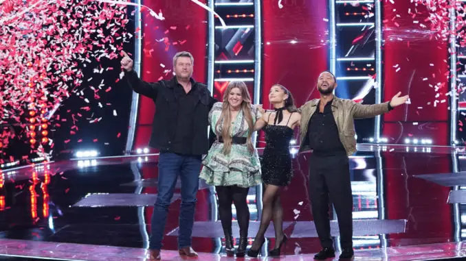 THE VOICE -- “Blind Auditions” Episode 2106 -- Pictured: (l-r) Blake Shelton, Kelly Clarkson, Ariana Grande, John Legend -- (Photo by: Tyler Golden/NBC)