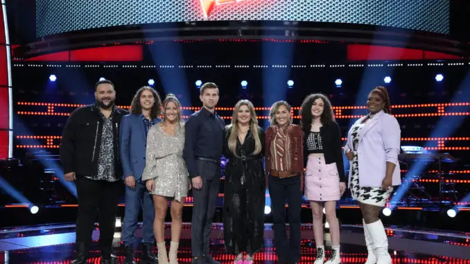 THE VOICE -- "Knockout Rounds" Episode 2113 -- Pictured: (l-r) Jeremy Rosado, Girl Named Tom, Kelly Clarkson, Katie Rae, Hailey Mia, Gymani -- (Photo by: Greg Gayne/NBC)