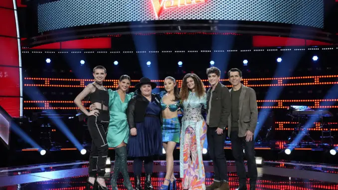 THE VOICE -- "Knockout Rounds" Episode 2113 -- Pictured: (l-r) Ryleigh Plank, Bella DeNapoli, Holly Forbes, Ariana Grande, Raquel Trinidad, Jim and Sasha Allen -- (Photo by: Greg Gayne/NBC)