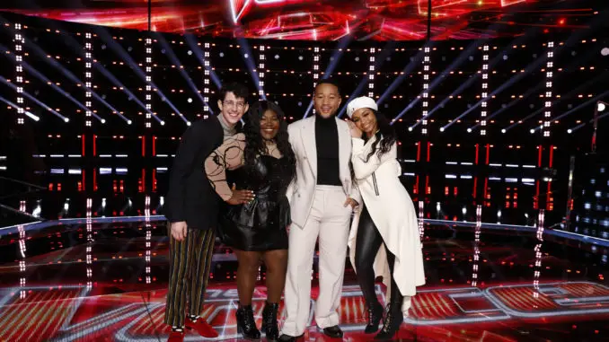 THE VOICE -- "Live Top 20 Eliminations" Episode 2114B -- Pictured: (l-r) Joshua Vicanti, Jershika Maple, John Legend, Shadale -- (Photo by: Trae Patton/NBC)