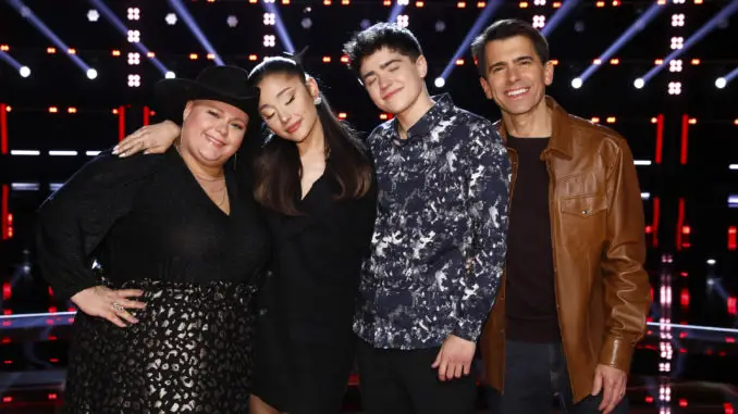 THE VOICE -- "Live Top 13 Eliminations" Episode 2115B -- Pictured: (l-r) Holly Forbes, Ariana Grande, Jim and Sasha Allen -- (Photo by: Trae Patton/NBC)