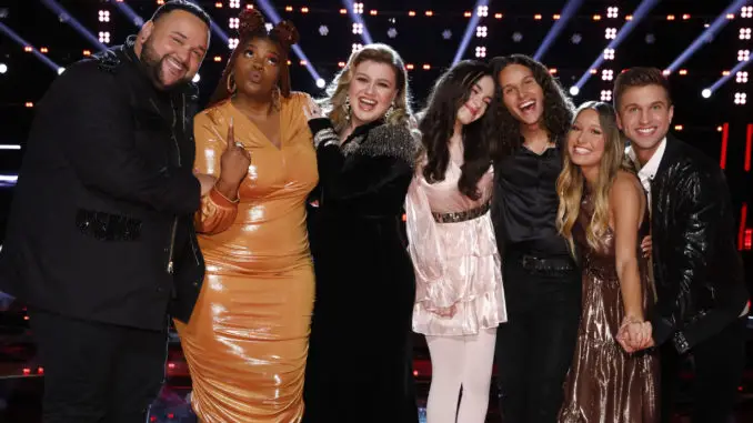 THE VOICE -- "Live Top 13 Eliminations" Episode 2115B -- Pictured: (l-r) Jeremy Rosado, Gymani, Kelly Clarkson, Hailey Mia, Girl Named Tom -- (Photo by: Trae Patton/NBC)