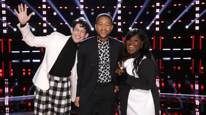 THE VOICE -- "Live Top 13 Eliminations" Episode 2115B -- Pictured: (l-r) Joshua Vicanti, John Legend, Jershika Maple -- (Photo by: Trae Patton/NBC)