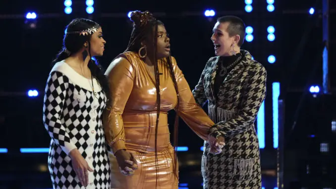 THE VOICE -- "Live Top 13 Eliminations" Episode 2115B -- Pictured: (l-r) Shadale, Gymani, Ryleigh Plank -- (Photo by: Trae Patton/NBC)
