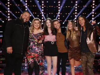 THE VOICE -- "Live Top 11 Eliminations” Episode 2116B -- Pictured: (l-r) Jeremy Rosado, Kelly Clarkson, Hailey Mia, Girl Named Tom -- (Photo by: Trae Patton/NBC)