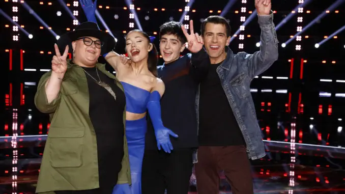 THE VOICE -- "Live Top 11 Eliminations" Episode 2116B -- Pictured: (l-r) Holly Forbes, Ariana Grande, Jim and Sasha Allen -- (Photo by: Trae Patton/NBC)