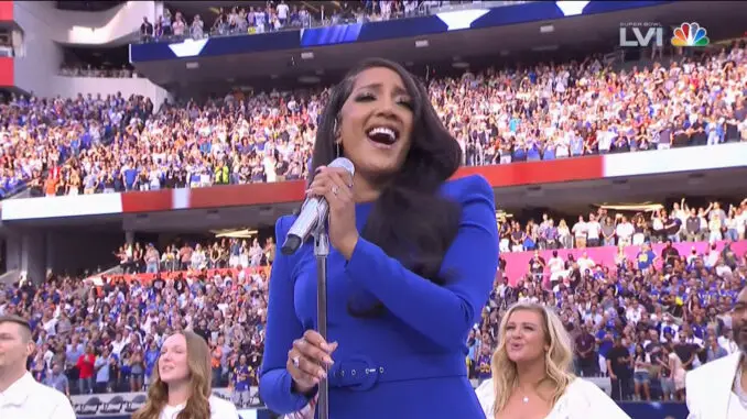 Mickey Guyton performs the National Anthem at Super Bowl LVI