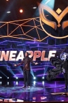 THE MASKED SINGER: L-R: Pineapple, host Nick Cannon and Raven in the "New Masks on the Block" episode of  THE MASKED SINGER airing Wednesday, Jan. 9 (9:00-10:00 PM ET/PT) on FOX. © 2019 FOX Broadcasting. CR: Michael Becker / FOX.