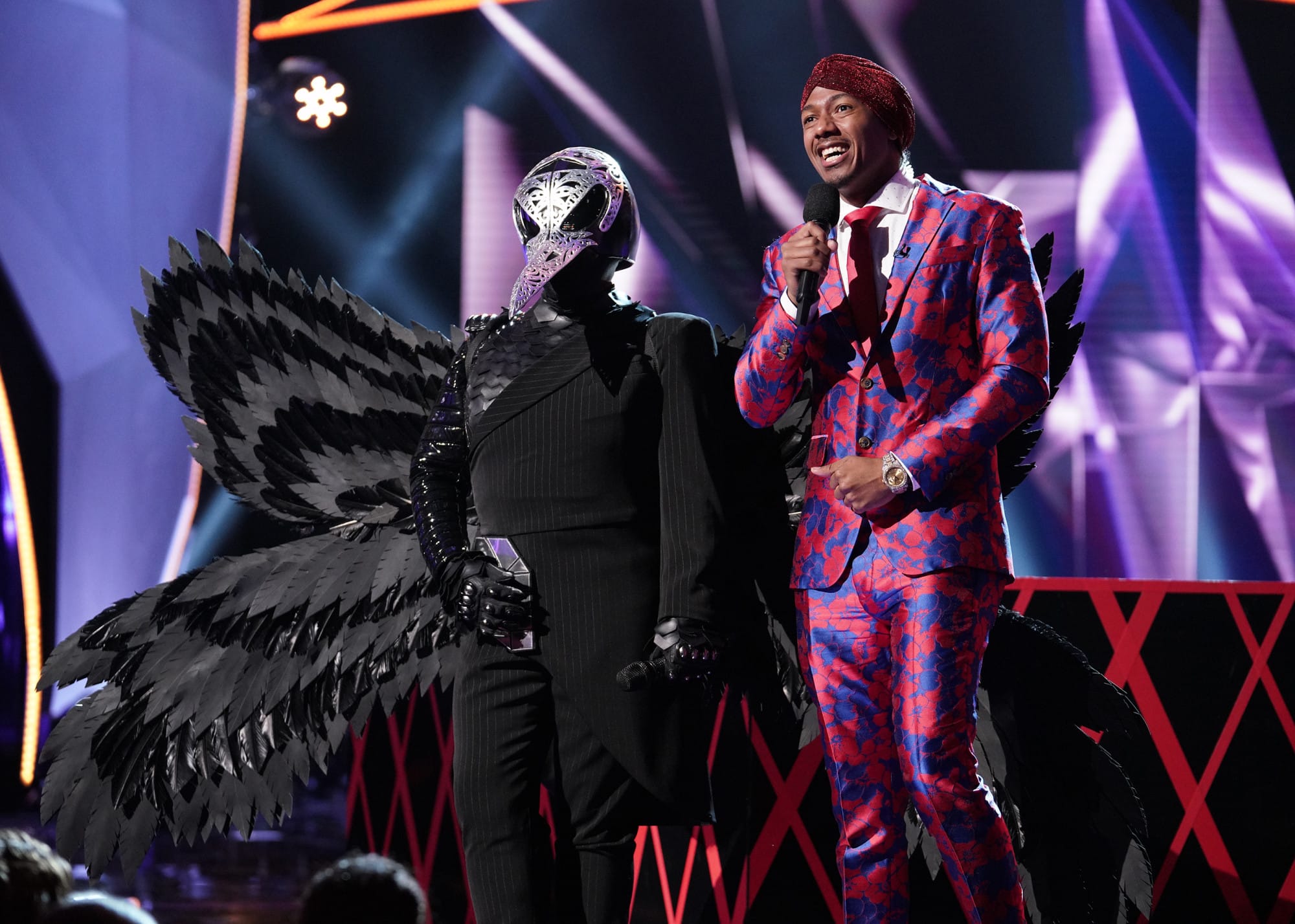THE MASKED SINGER: L-R: Raven and host Nick Cannon in the “Another Mask Bites the Dust” airing Wednesday, Jan. 23 (9:00-10:00 PM ET/PT) on FOX. © 2019 FOX Broadcasting.  Cr: Michael Becker / FOX.