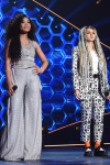 THE FOUR: BATTLE FOR STARDOM: L-R: Season one winner Evvie McKinney and season one contestant Zhavia perform in the "Week Seven" episode of THE FOUR: BATTLE FOR STARDOM airing Thursday, July 26 (8:00-10:00 PM ET/PT) on FOX. CR: Ray Mickshaw / FOX. © 2018 FOX Broadcasting Co.